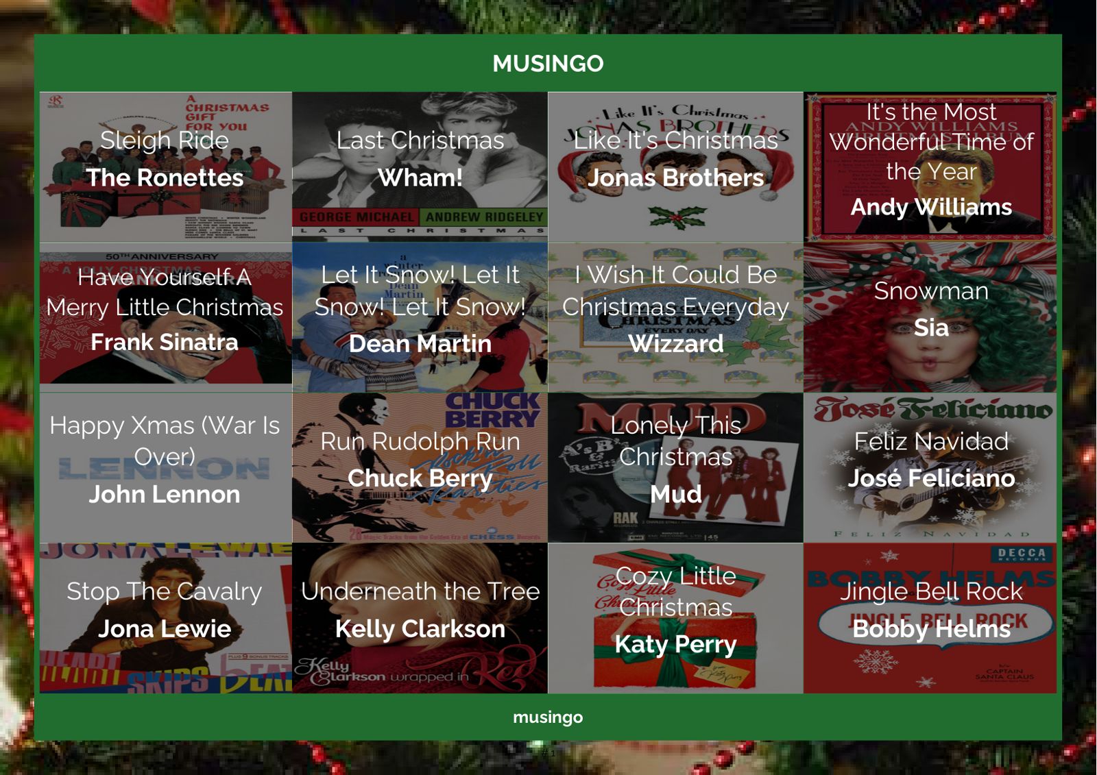 Kerstbingokaart met albumhoezen