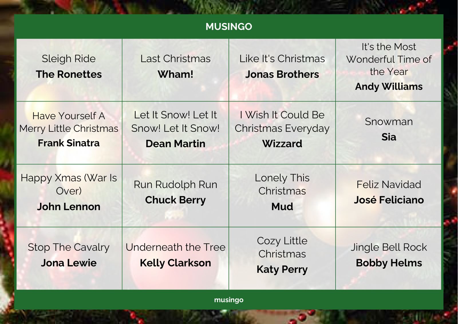 Kerstbingokaart met kerstnummers zoals Last Christmas en Jingle Bell Rock